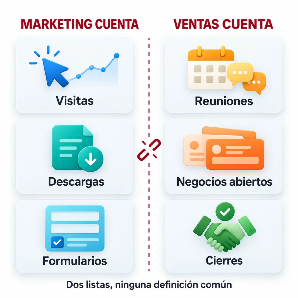 Marketing cuenta visitas, descargas y formularios; ventas cuenta reuniones, negocios abiertos y cierres. Dos listas, ninguna definición común.