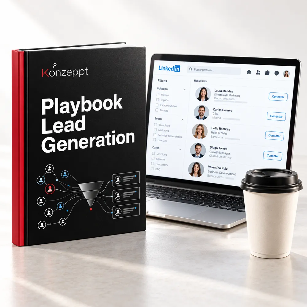 Playbook Lead Generation de Konzeppt junto a un portátil con LinkedIn y un café