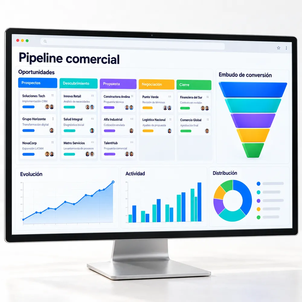 Pipeline comercial en un monitor: oportunidades por etapa, embudo de conversión y gráficas de evolución, actividad y distribución