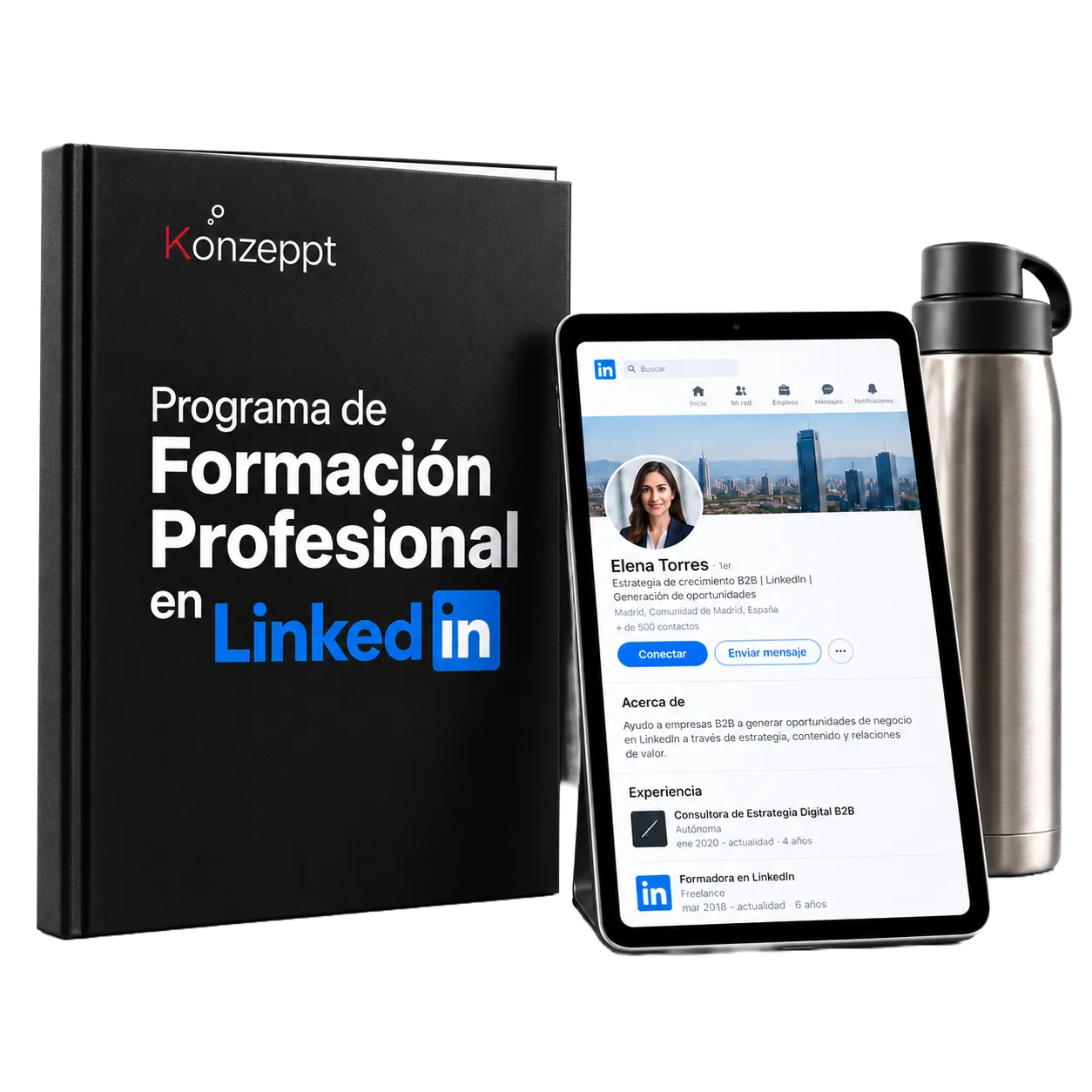 Cuaderno del Programa de Formación Profesional en LinkedIn con una tableta y un termo