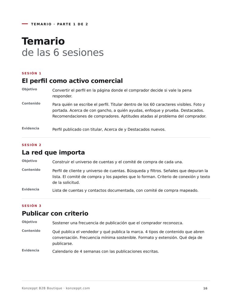 Página con el temario de las 6 sesiones del Programa
