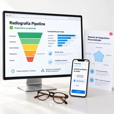 Radiografía de tu Pipeline en pantalla de escritorio y de teléfono, junto al reporte de diagnóstico impreso
